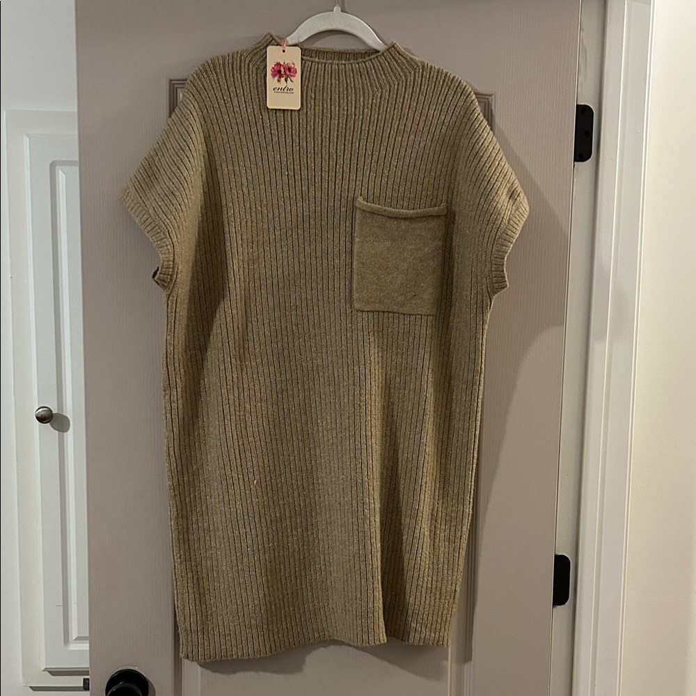 entro Ribbed Knit Tunic Dress in Beige